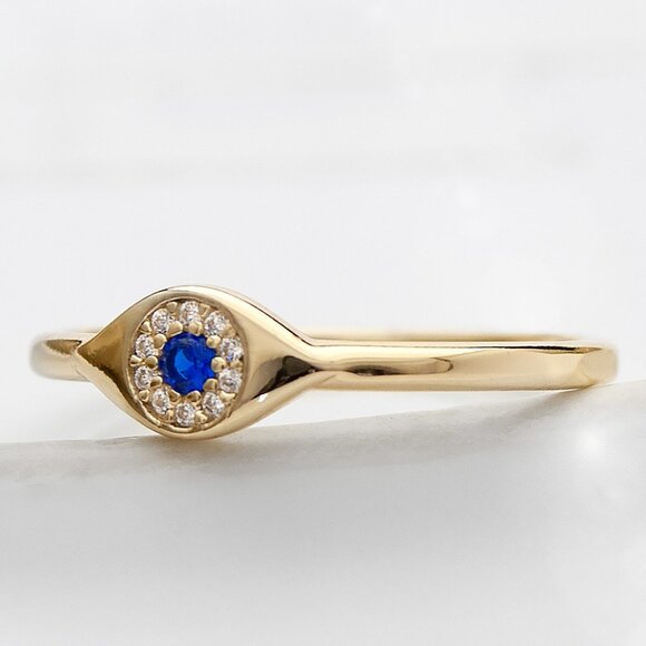 Evil Eye Ring with Cubic Zirconia, Blue and White CZ Stoned Protection Ring Sz 7 - Picture 1 of 1